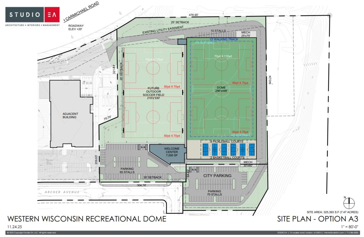 Site concept plan showing the dome, outdoor field, and welcome center